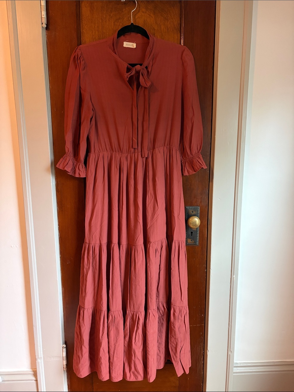 Roolee Tie-Neck Tiered Maxi Dress in Rust